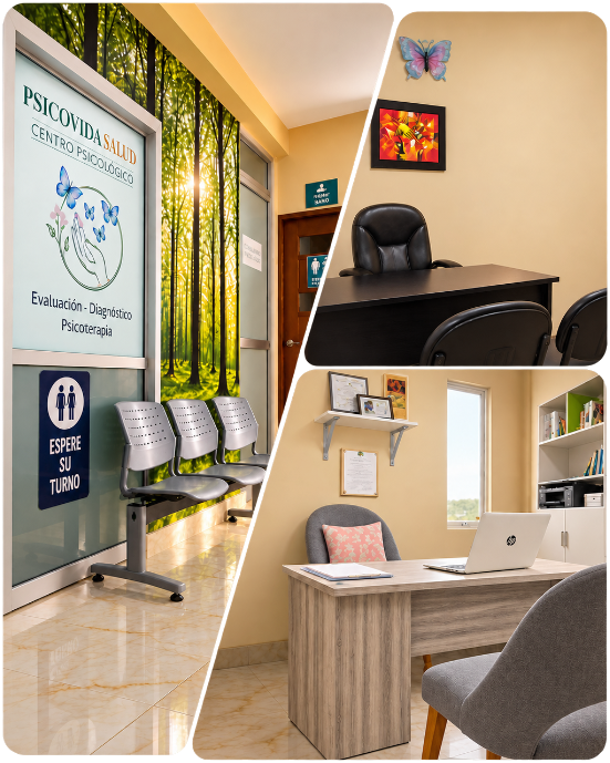 Centro Psicológico Psicovida Salud: sala de espera, consultorio y oficina.